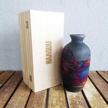 Koban raku fired ceramic pottery vase with gift box Carbon Copper thumb