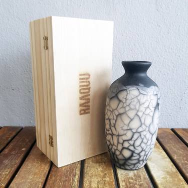 Koban raku fired ceramic pottery vase with gift box - Smoked Raku thumb