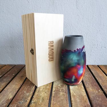 Tsuri raku fired ceramic pottery vase with gift box Carbon Copper thumb
