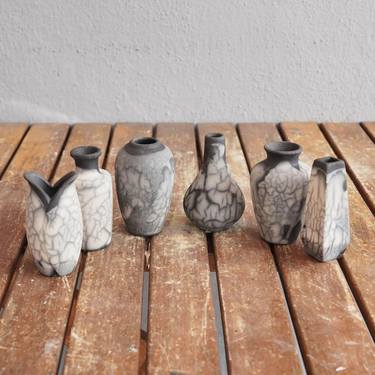 Hana Mini set raku fired ceramic pottery vase - Smoked Raku thumb