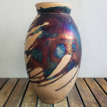 Large Oval 13.5 inches Raku Fired Ceramic Pottery Vase S/N0000608 thumb