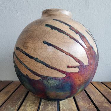 Large Globe 11 inches Raku Fired Ceramic Pottery Vase S/N0000650 thumb