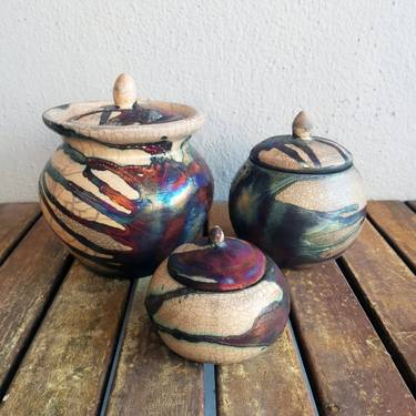 Raaquu Urn set raku fired ceramic vessel - Half Copper Matte thumb