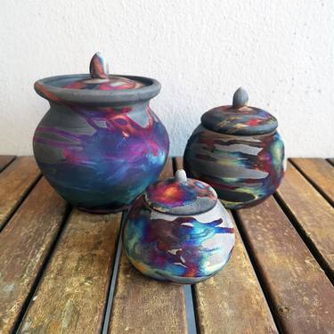 Raaquu Urn set raku fired ceramic vessel - Carbon Copper thumb