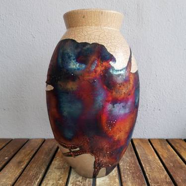 Large Oval 13.5 inches Raku Fired Ceramic Pottery Vase S/N0000607 thumb