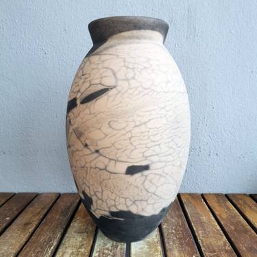 Large Oval 13.5 inches Raku Fired Ceramic Pottery Vase S/N0000595 thumb