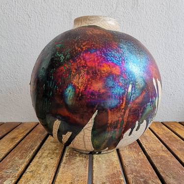 Large Globe 11 inches Raku Fired Ceramic Pottery Vase S/N0000567 thumb