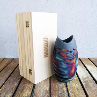 Koi raku fired ceramic pottery vase with gift box Carbon Copper thumb