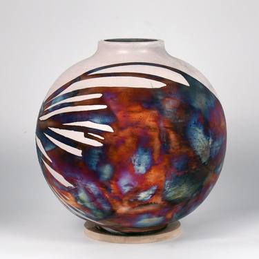 Large Globe 11 inches Raku Fired Ceramic Pottery Vase S/N0000427 thumb
