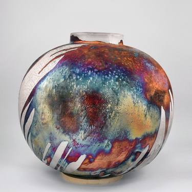Large Globe XL 13 inch Raku Fired Ceramic Pottery Vase S/N0000675 thumb