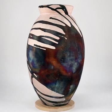 Large Oval 13.5 inches Raku Fired Ceramic Pottery Vase S/N0000536 thumb
