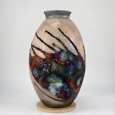Large Oval 13.5 inches Raku Fired Ceramic Pottery Vase S/N0000235 thumb