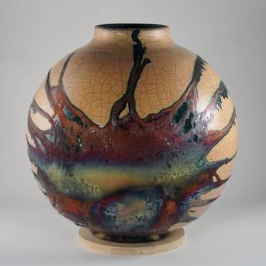 Large Globe 11 inches Raku Fired Ceramic Pottery Vase S/N0000622 thumb