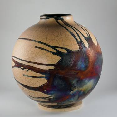 Large Globe 11 inches Raku Fired Ceramic Pottery Vase S/N0000627 thumb