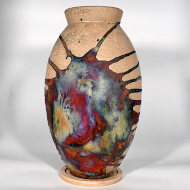 Large Oval 13.5 inches Raku Fired Ceramic Pottery Vase S/N0000088 thumb