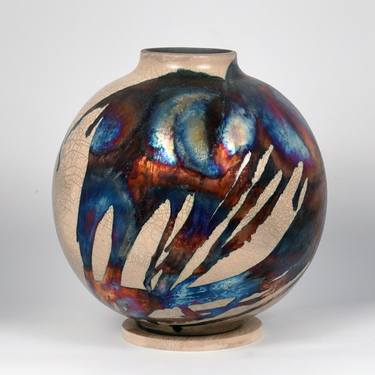 Large Globe 11 inches Raku Fired Ceramic Pottery Vase S/N0000636 thumb