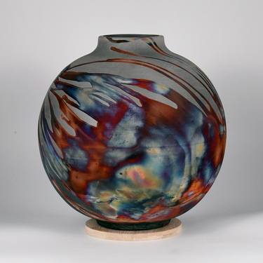 Large Globe 11 inches Raku Fired Ceramic Pottery Vase S/N0000581 thumb