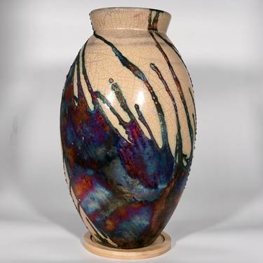 Large Oval 13.5 inches Raku Fired Ceramic Pottery Vase S/N0000094 thumb