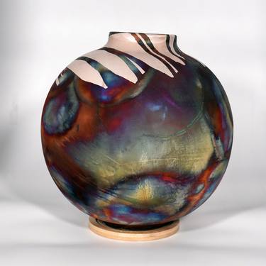Large Globe 11 inches Raku Fired Ceramic Pottery Vase S/N0000464 thumb