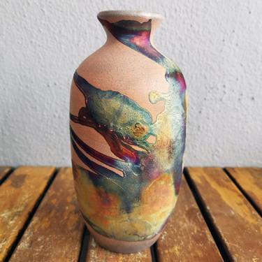 Koban raku fired ceramic pottery vase - Half Copper Matte thumb