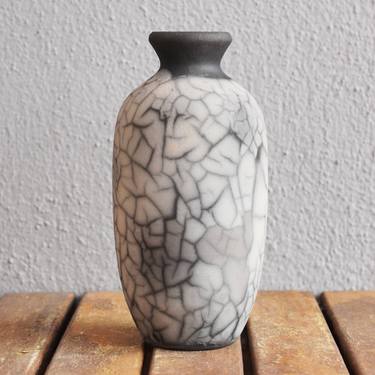 Koban raku fired ceramic pottery vase - Smoked Raku thumb