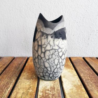 Koi raku fired ceramic pottery vase - Smoked Raku thumb