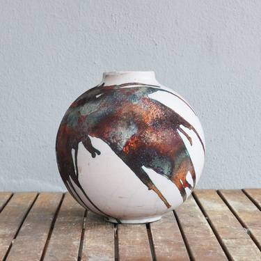 Large globe 11 inches raku fired ceramic pottery vase S/N0000473 thumb