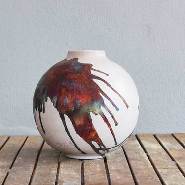 Large globe 11 inches raku fired ceramic pottery vase S/N0000468 thumb