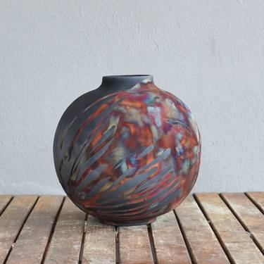 Large globe 11 inches raku fired ceramic pottery vase S/N0000429 thumb