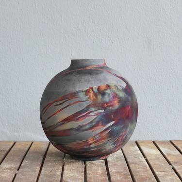 Large globe 11 inches raku fired ceramic pottery vase S/N0000474 thumb