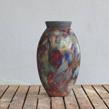 Large oval 13.5 inches raku fired ceramic pottery vase S/N0000442 thumb
