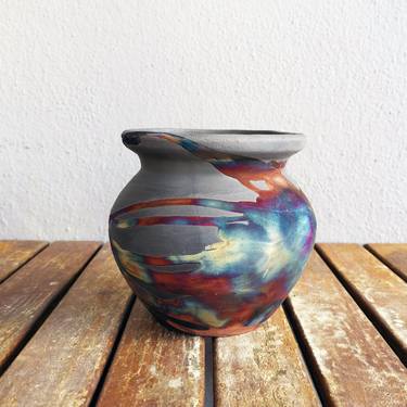 Hofu raku fired ceramic pottery vase - Carbon Half Copper Matte thumb