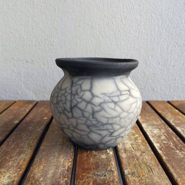 Hofu raku fired ceramic pottery vase - Smoked Raku thumb