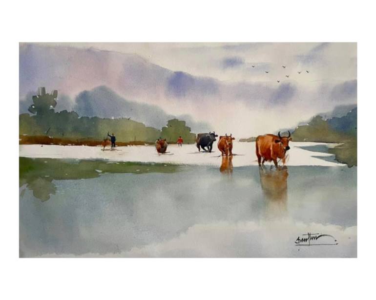 Original Documentary Cows Painting by santhu govind