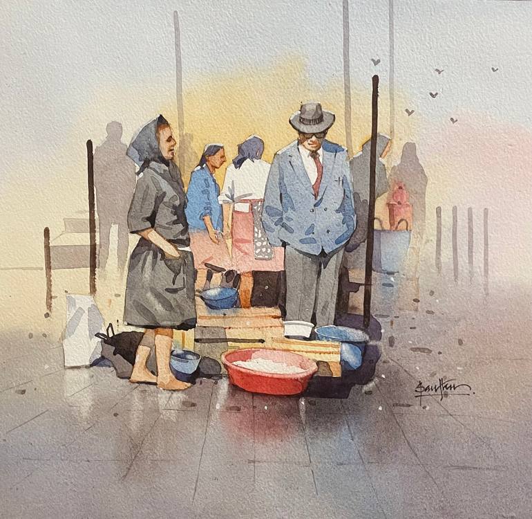 Original Art Deco Cities Painting by Santhu Govind