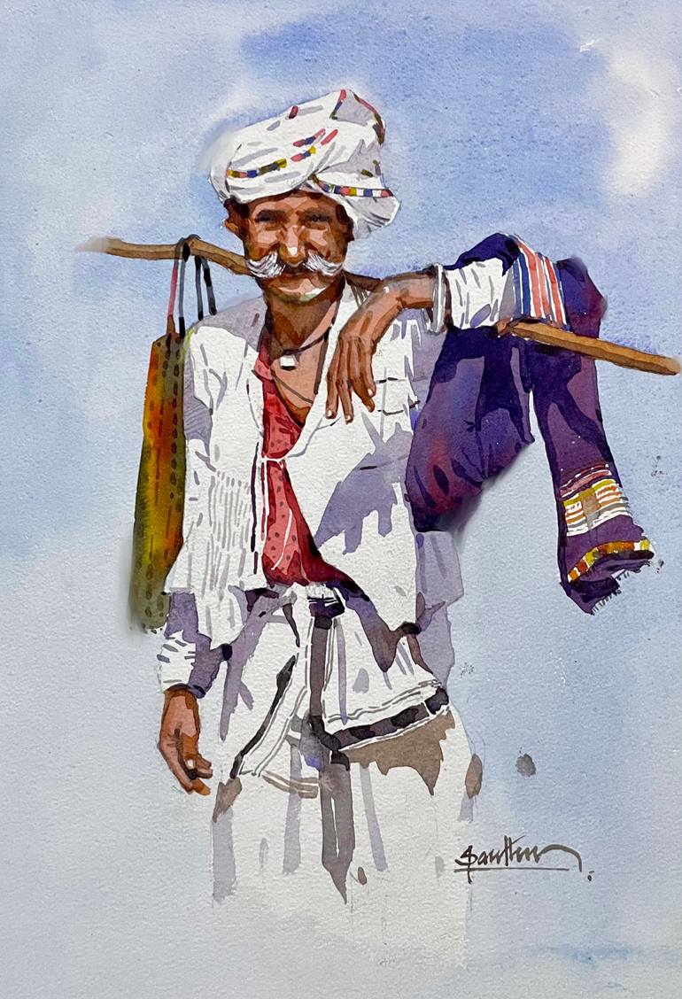 Original Men Painting by Santhu Govind | Art Deco Art on Paper | The Farmer