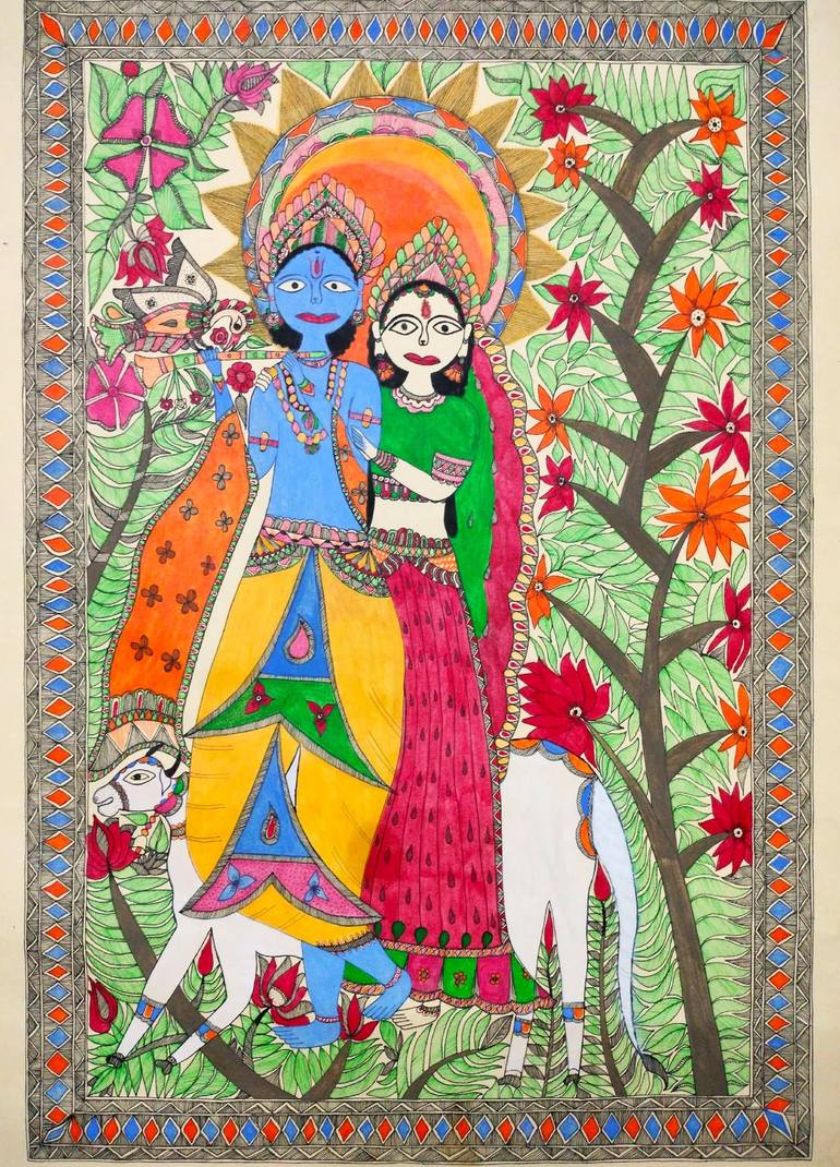 Lord Krishna & Shree Radha Madhubani Painting Painting by Gulshan ...