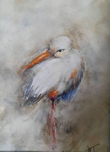 Watercolor painting in pastel colors Stork of happiness thumb