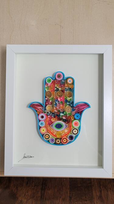 Colorful Hamsa Quilling (10x8) in Handmade Frame with glass thumb
