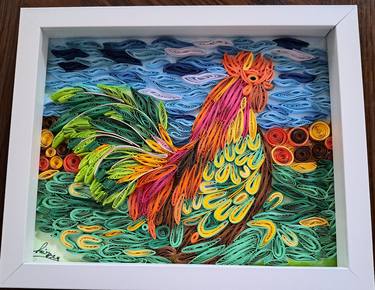 Quilled Colorful Rooster, 10"x8" Framed ,Paper Art, thumb