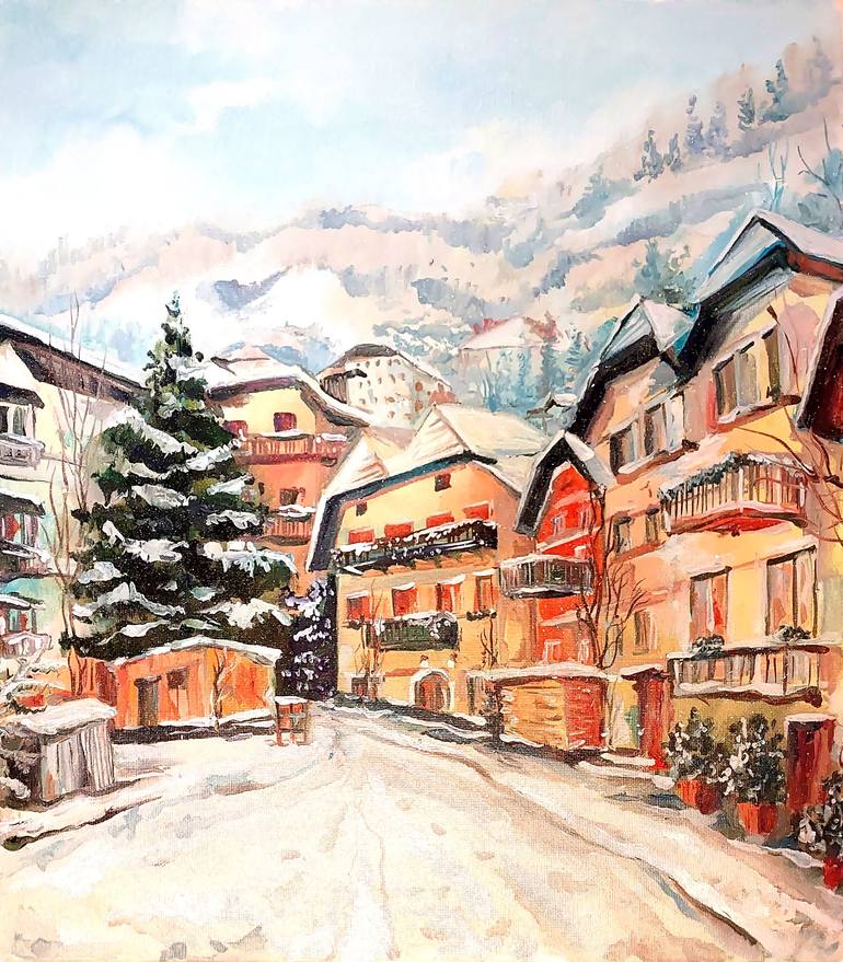 Original Cities Painting by Yelena Rybalkina | Realism Art on Canvas | Tyrol, Austria in Winter - A Magical Night in the Alps