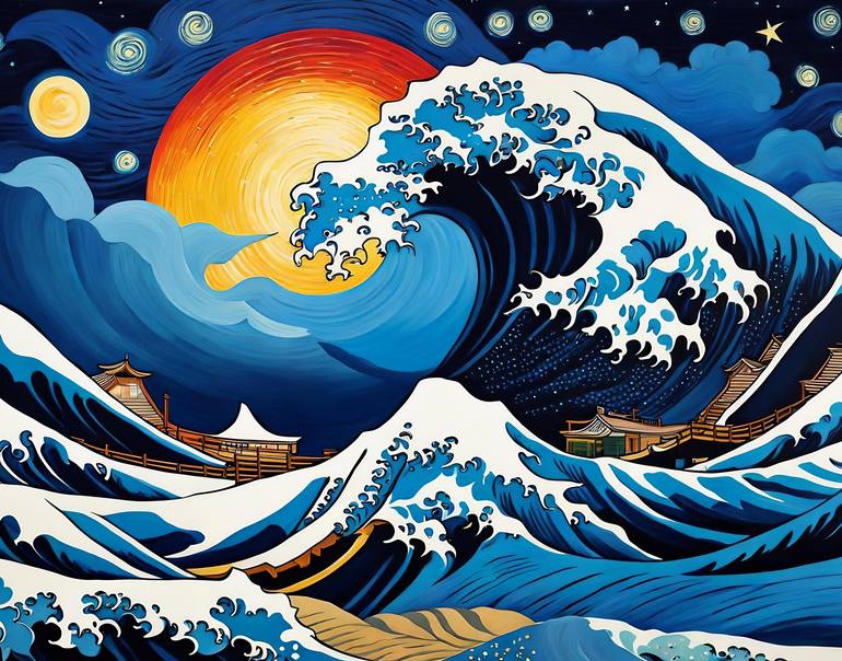 The Great Wave under The Starry Night - Print