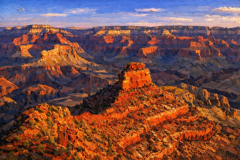 Original Landscape Digital by Mankdhani Mankdhani | Impressionism Art on Paper | Golden Sunset Over The Grand Canyon