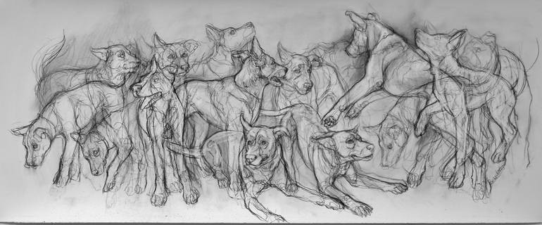 Original Black & White Dogs Drawing by Donalee Peden Wesley