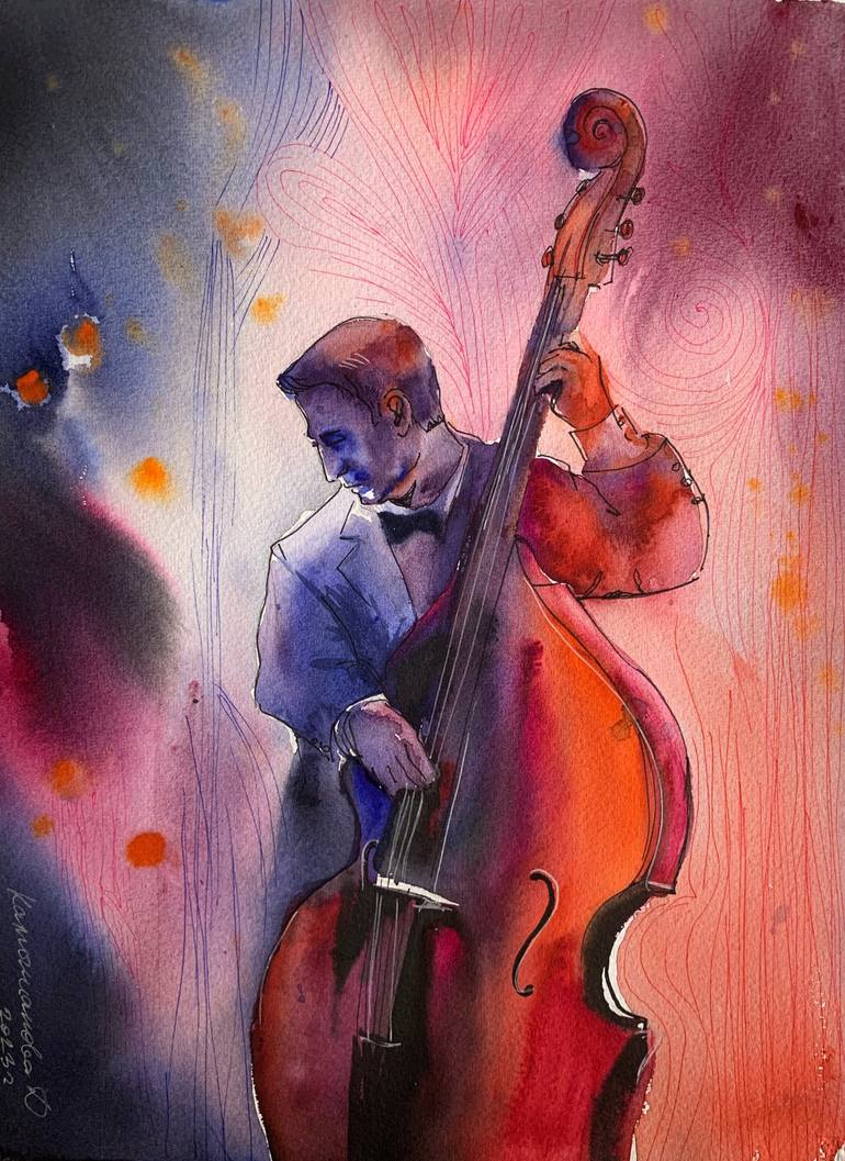 Original Music Painting by Daria Kamishanova | Impressionism Art on Paper | Double bass player in the red light (big)