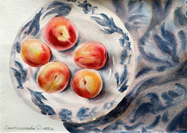 Peaches on blue plate thumb