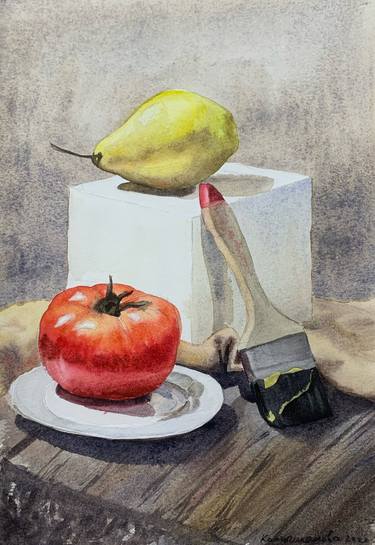 still life with pear and tomato thumb