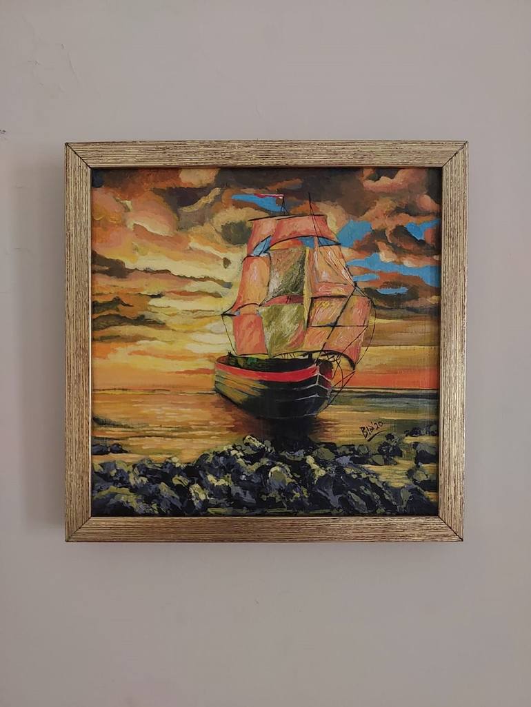 Original Fine Art Boat Painting by Rabia Adnan