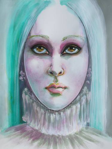 "The girl with turquoise hair" - mixed media - portrait - illustration - manga - drawing - paper thumb