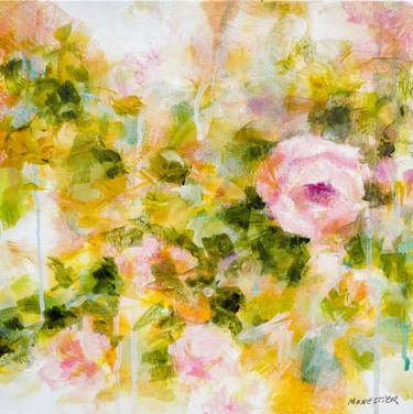 Douces roses - flowers in a garden - impressionistic semi abstract floral painting thumb